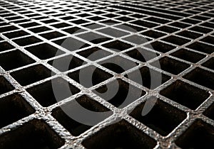 A close-up view of a metal grid structure, showcasing a pattern of square openings.