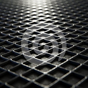 A close-up view of a metallic grid pattern. The grid is composed of evenly spaced