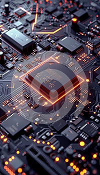 A close-up view of a microprocessor on a motherboard, with glowing data streams symbolizing the power of AI processing