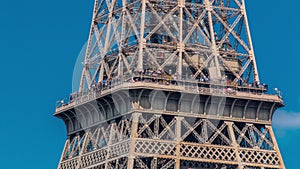 Close up view of middle section of the Eiffel Tower timelapse in Paris, France.