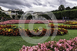 Close-up view of the Mirabell Palace gardens with the Hohensalzburg fortress in the background, Salzburg, Austria