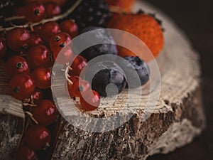 Close-up view of mixed, assorted berries blackberry, strawberry, background. Colorful and healthy concept