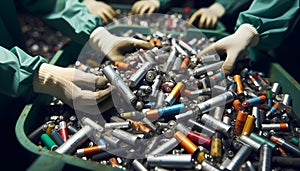 Close-up view of mixed lithium batteries sorted at e-waste recycling facility