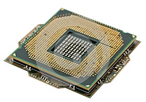 Close-up view of a modern cpu processor on a green circuit board socket