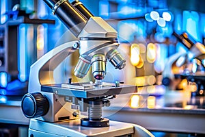 Close up view of a modern microscope in a laboratory setting with blurred lights