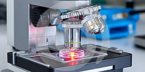 A close-up view of a modern microscope in a laboratory setting Generative AI