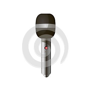 Close-up view of modern news, vocal microphone with black head and silver handle