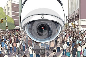 Close-up view of a modern security camera keeping watch over a city street crowd. Generative AI digital illustration photo