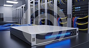 Server Rack with Network Switch and Cables - Data Center Technology