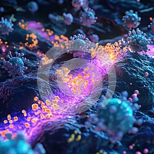 Close up view of molecular interactions between microbes showcasing complex networks in vibrant colors. Generative AI