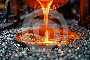 Close-up View of Molten Metal Pouring into Mould at a Foundry, Industrial Metalworking Process, High-temperature Metal Casting