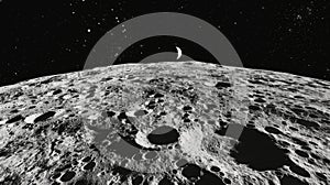 A close-up view of the moon surface and mountains in space