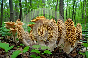 Close up View of Morel Mushrooms Morchella esculenta Growing in a Lush Forest during Spring Season