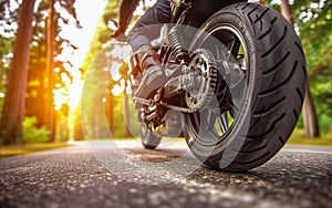 Close-up view of a motorcycle speeding on the road seen from below