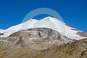 Close up view on Mount Elbrus from the acclimatization trail to waterfall