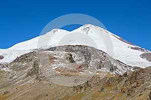 Close up view on Mount Elbrus from the acclimatization trail to waterfall