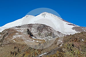 Close up view on Mount Elbrus from the acclimatization trail to waterfall