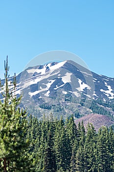 Close up view of Mt Bachelor in the summer in Bend Oregon on a sunny day.