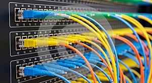 Close-up view of multiple colorful fiber optic patch cables connected to a network switch panel