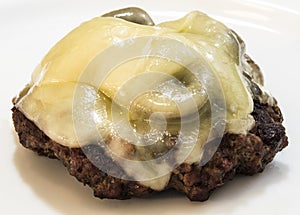 Close up view of mushroom swiss burger without a bun isolated