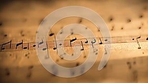 close-up view of musical notes arranged on a wooden table, Atmospheric music background with notes on old brown paper, AI