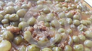 Close up view of Mutton qeema matar OR Spicy Minced Meat and peas dish