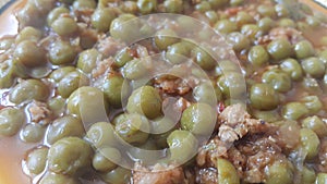 Close up view of Mutton qeema matar OR Spicy Minced Meat and peas dish