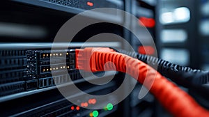 Close-Up View of Network Cables Connecting to High-Tech Data Server in Server Room Environment