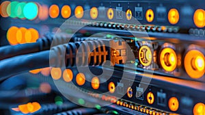 Network Cables Connected to a Server Rack with Blinking Lights in a Data Center