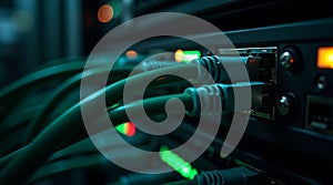 Network Cables Connected to a Server Rack with Blinking Lights in a Data Center Illustrating Connectivity
