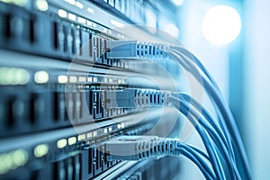close up of network cables connected to switch in internet data center room