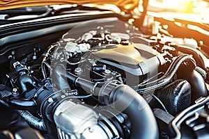 Close up view of new powerful car engine