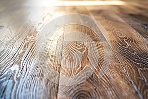 Close-up view of a newly installed wooden laminate flooring with detailed floorboards. photo