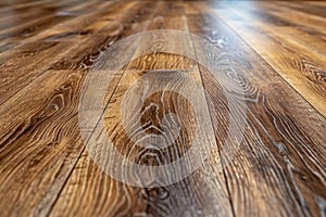 Close-up view of a newly installed wooden laminate flooring with detailed floorboards. photo