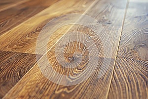 Close-up view of a newly installed wooden laminate flooring with detailed floorboards. photo