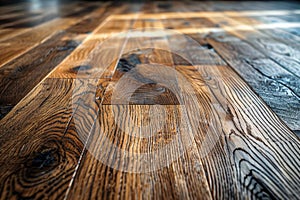 Close-up view of a newly installed wooden laminate flooring with detailed floorboards. photo