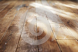 Close-up view of a newly installed wooden laminate flooring with detailed floorboards. photo