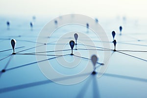 Network of location markers representing connectivity and digital mapping in a modern technological setting