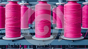 Vibrant Pink Thread Spools on Industrial Textile Machinery