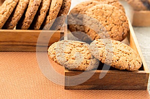 Close-up view on oat biscuits in wooden boxes