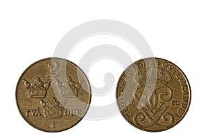 Close up view of obverse and reverse side of old swedish coin from 1950. Numismatic concept. .