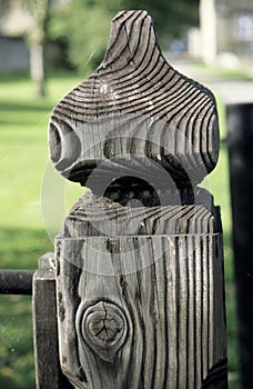 Close up view of old farm gate post