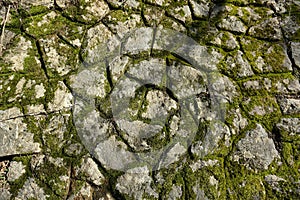 Close up view of an old stone wall with moss as a natural texture background