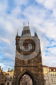 Close up view of Old Town Bridge Tower on Charles Bridge, Prague, Czech Republic