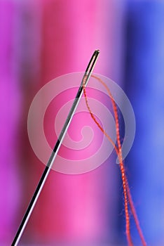 Close-up view of one needle with red thread