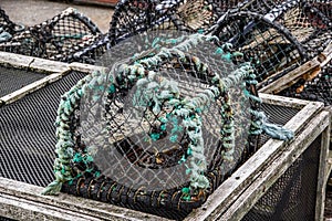 Close up view of one old rusty fishermen trap.