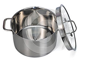 Close-up view of open 4 liter stainless steel saucepan with glass lid on white background.