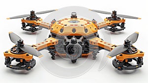 Close-Up View of an Orange Quadcopter Drone Against White Background