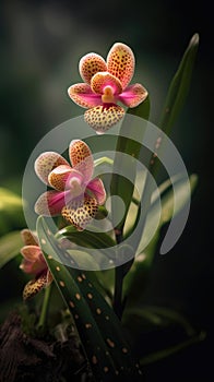 Close-up view of an orchid plant with three pink flowers. These beautiful flowers are located on stem, which is also