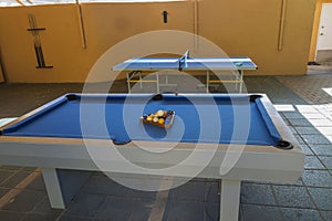 Close up view of outdoor place for playing table tennis for hotel guests.